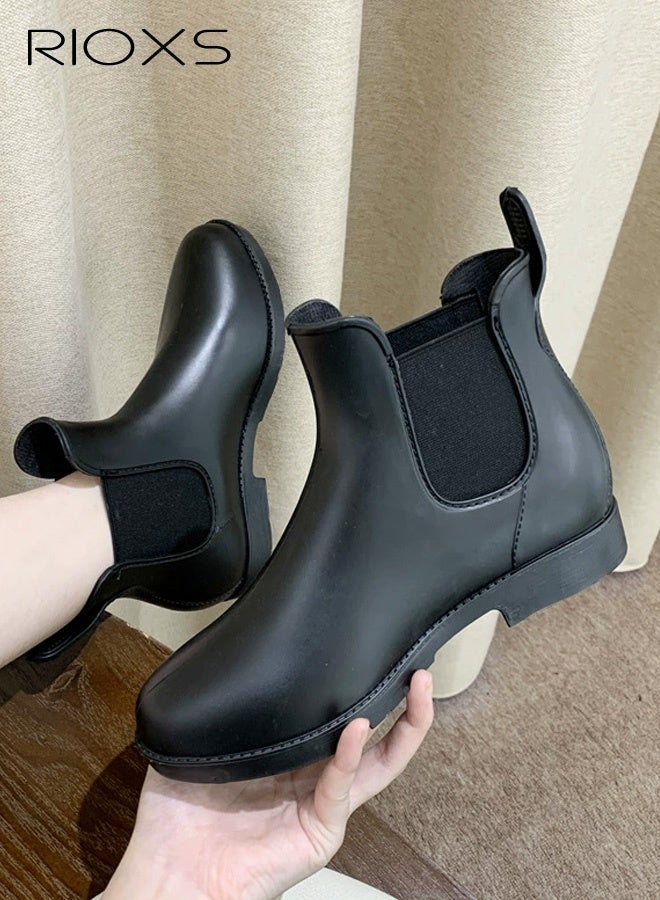 RIOXS Women's Classic Chelsea Boot, Waterproof Patent Leather Pull On Ankle Boots, Trendy Lightweight Elastic Low Flat Boots, Ankle Garden Shoes, Anti-slip Rain Boots for Laides, Trendy Dressy Boots, 